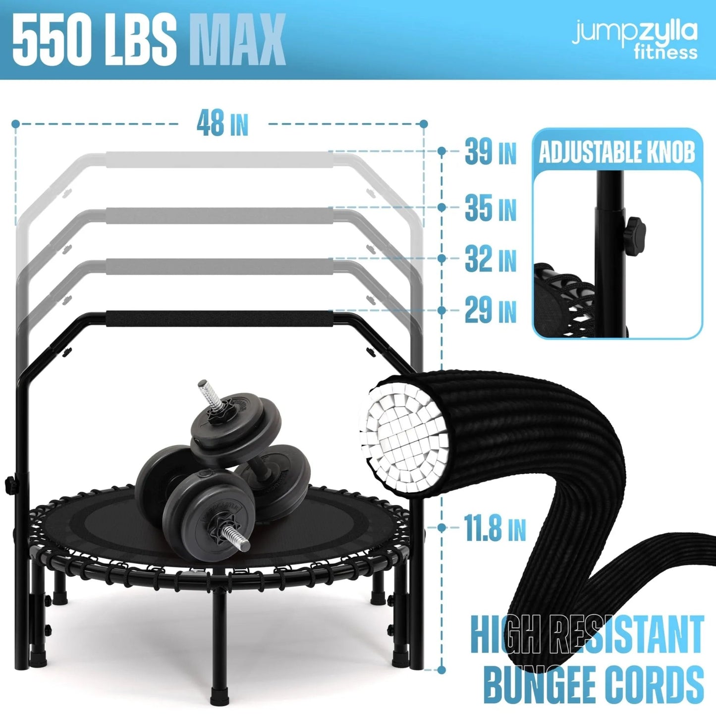 Jumpzylla Fitness Trampoline 40" or 48" | Foldable Mini Rebounder Trampoline for Adults with Bar | Durable, Quiet, Low - Impact Exercise Equipment for Indoor and Home Workouts (550 LBS Capacity) - Semoor Make Me Fit