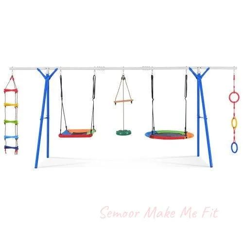 5 - in - 1 Outdoor Toddler Swing Set, Playground Swing Set With Steel Frame, Multifunctional Playset For Kids With Climbing Ladder, Saucer Swing, Monkey Pole Swing, Disc Swing And Swing Ring - Semoor Make Me Fit