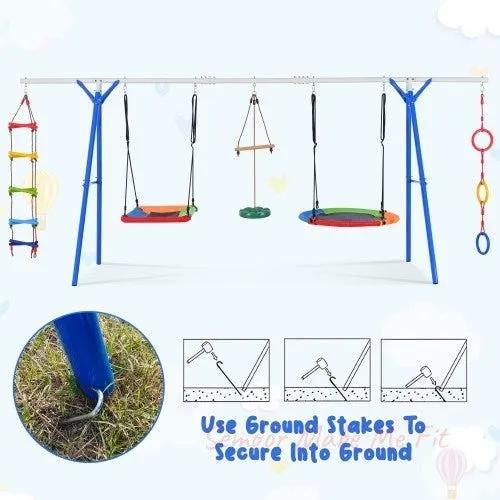 5 - in - 1 Outdoor Toddler Swing Set, Playground Swing Set With Steel Frame, Multifunctional Playset For Kids With Climbing Ladder, Saucer Swing, Monkey Pole Swing, Disc Swing And Swing Ring - Semoor Make Me Fit
