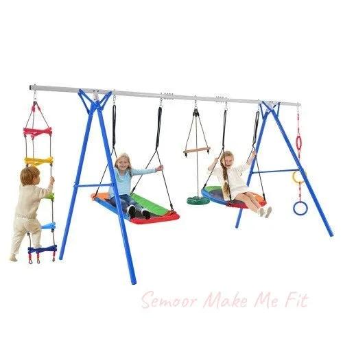 5 - in - 1 Outdoor Toddler Swing Set, Playground Swing Set With Steel Frame, Multifunctional Playset For Kids With Climbing Ladder, Saucer Swing, Monkey Pole Swing, Disc Swing And Swing Ring - Semoor Make Me Fit