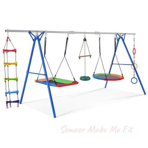 5 - in - 1 Outdoor Toddler Swing Set, Playground Swing Set With Steel Frame, Multifunctional Playset For Kids With Climbing Ladder, Saucer Swing, Monkey Pole Swing, Disc Swing And Swing Ring - Semoor Make Me Fit