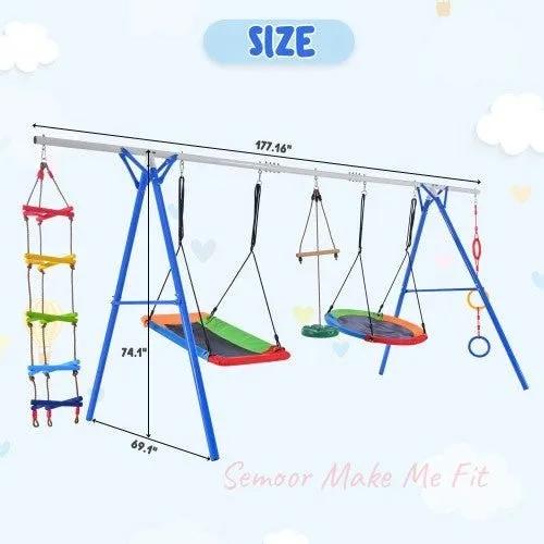 5 - in - 1 Outdoor Toddler Swing Set, Playground Swing Set With Steel Frame, Multifunctional Playset For Kids With Climbing Ladder, Saucer Swing, Monkey Pole Swing, Disc Swing And Swing Ring - Semoor Make Me Fit