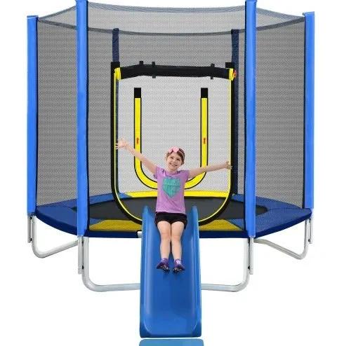 7FT Trampoline For Kids With Safety Enclosure Net, Slide And Ladder, Easy Assembly Round Outdoor Recreational Trampoline - Semoor Make Me Fit