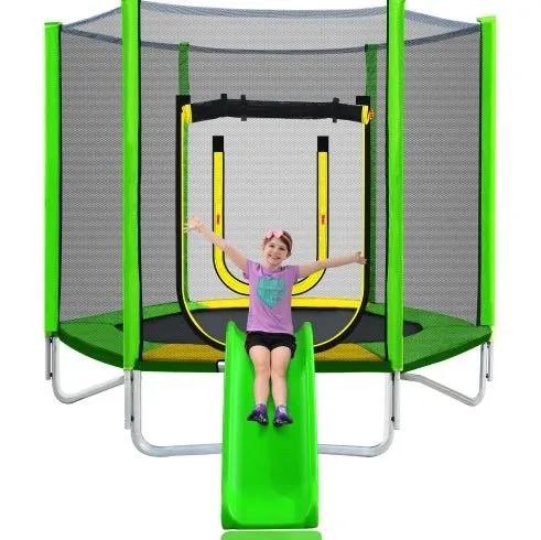 7FT Trampoline For Kids With Safety Enclosure Net, Slide And Ladder, Easy Assembly Round Outdoor Recreational Trampoline - Semoor Make Me Fit