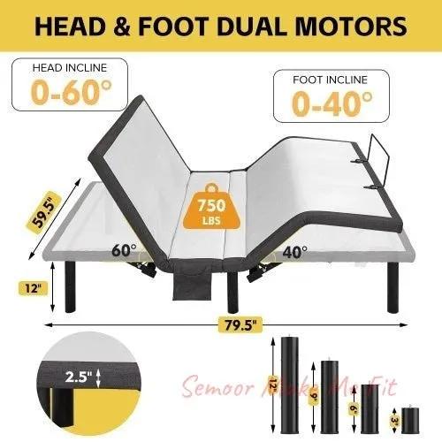 Ergonomic Queen Size Adjustable Bed, Zero Gravity Base For Stress Management WHead And Foot Incline, Wireless Remote Control, Massage, Under - Bed Nightlight, And USB Ports - Semoor Make Me Fit