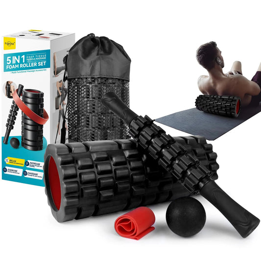 Krightlink 5 in1 Foam Roller Set for Deep Tissue Muscle Massage, High Density Fitness Exercise Foam Roller, Massage Roller, Massage Ball, Resistance Band, for Whole Body (Black) - Semoor Make Me Fit