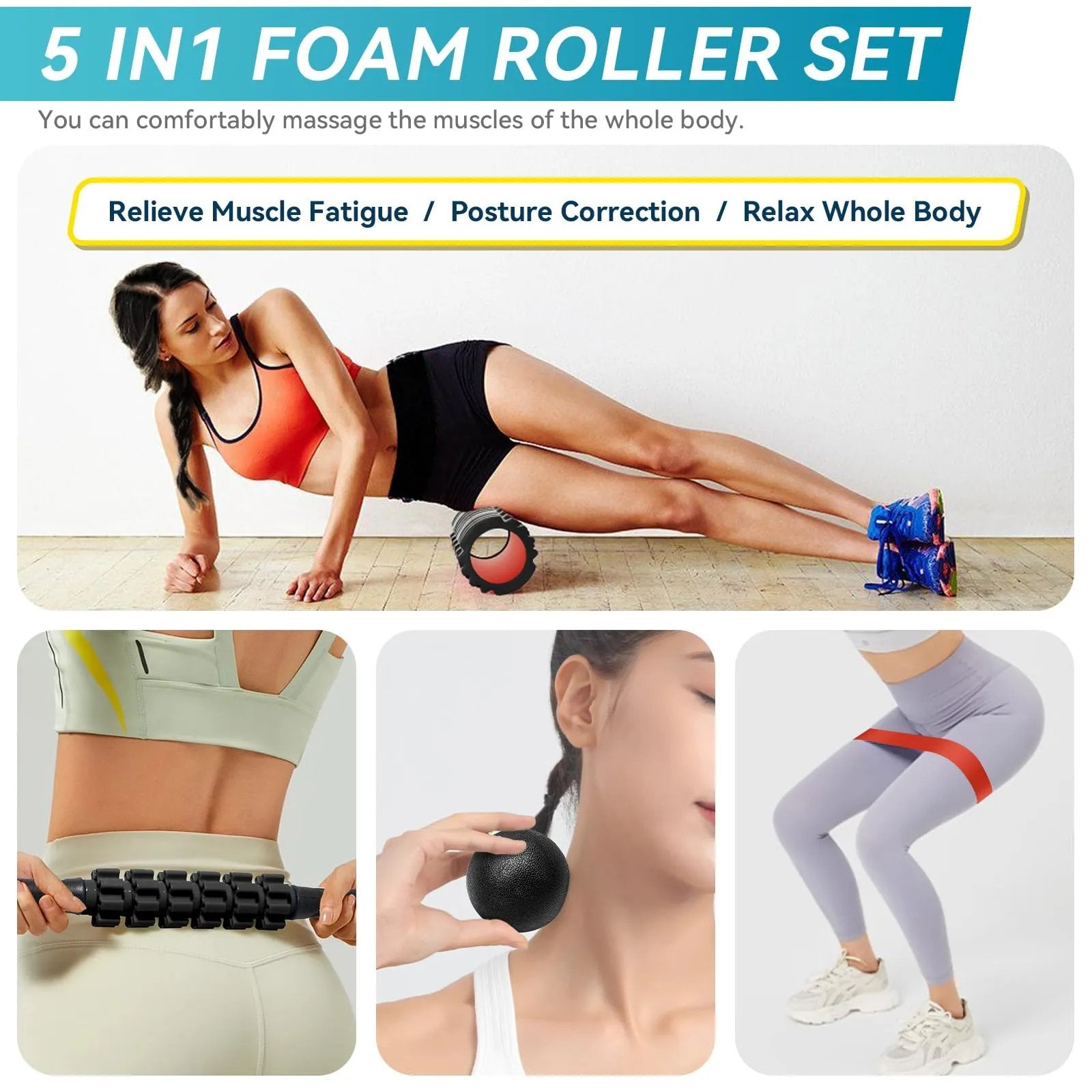 Krightlink 5 in1 Foam Roller Set for Deep Tissue Muscle Massage, High Density Fitness Exercise Foam Roller, Massage Roller, Massage Ball, Resistance Band, for Whole Body (Black) - Semoor Make Me Fit