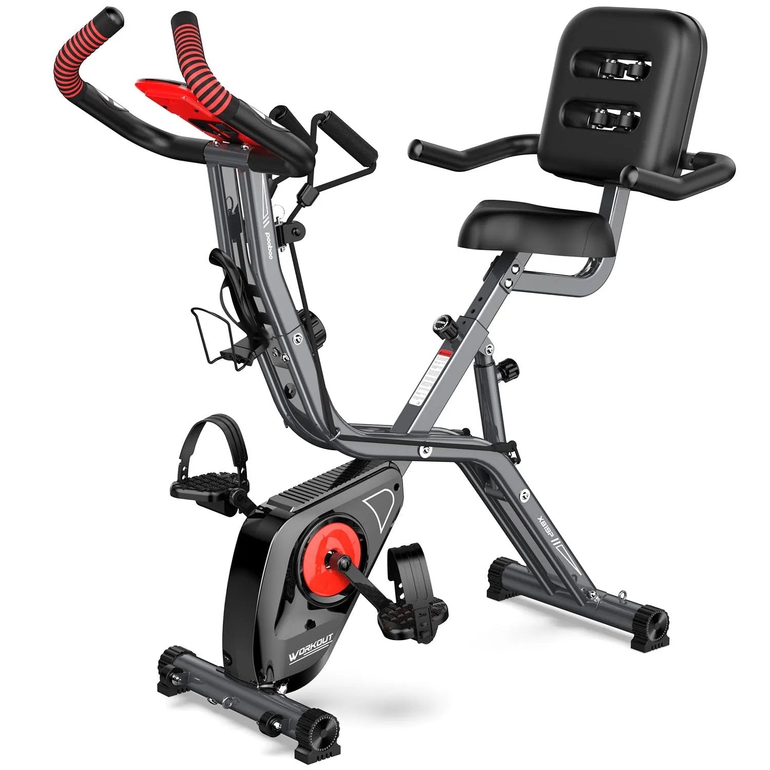 pooboo Folding Exercise Bike, Fitness Stationary Bike Machine, Upright Indoor Cycling Bike, 4 - in - 1 Magnetic X - Bike with 8 - Level Adjustable Resistance, Bottle Holder, Arm Resistance Bands, Pulse Sensor & Back Support Cushion for Home Gym Workout (red) - Semoor Make Me Fit