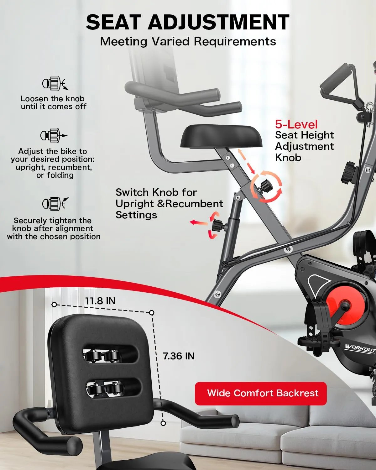 pooboo Folding Exercise Bike, Fitness Stationary Bike Machine, Upright Indoor Cycling Bike, 4 - in - 1 Magnetic X - Bike with 8 - Level Adjustable Resistance, Bottle Holder, Arm Resistance Bands, Pulse Sensor & Back Support Cushion for Home Gym Workout (red) - Semoor Make Me Fit