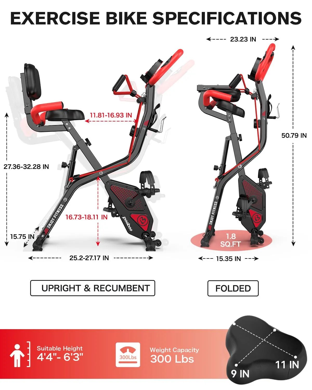pooboo Folding Exercise Bike, Fitness Stationary Bike Machine, Upright Indoor Cycling Bike, 4 - in - 1 Magnetic X - Bike with 8 - Level Adjustable Resistance, Bottle Holder, Arm Resistance Bands, Pulse Sensor & Back Support Cushion for Home Gym Workout (red) - Semoor Make Me Fit