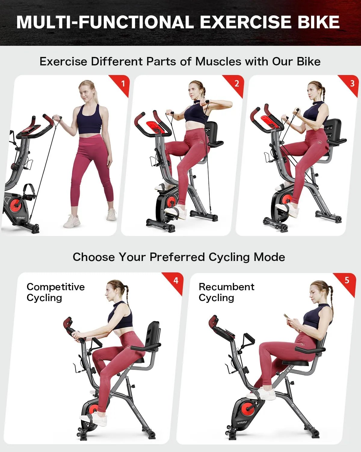 pooboo Folding Exercise Bike, Fitness Stationary Bike Machine, Upright Indoor Cycling Bike, 4 - in - 1 Magnetic X - Bike with 8 - Level Adjustable Resistance, Bottle Holder, Arm Resistance Bands, Pulse Sensor & Back Support Cushion for Home Gym Workout (red) - Semoor Make Me Fit