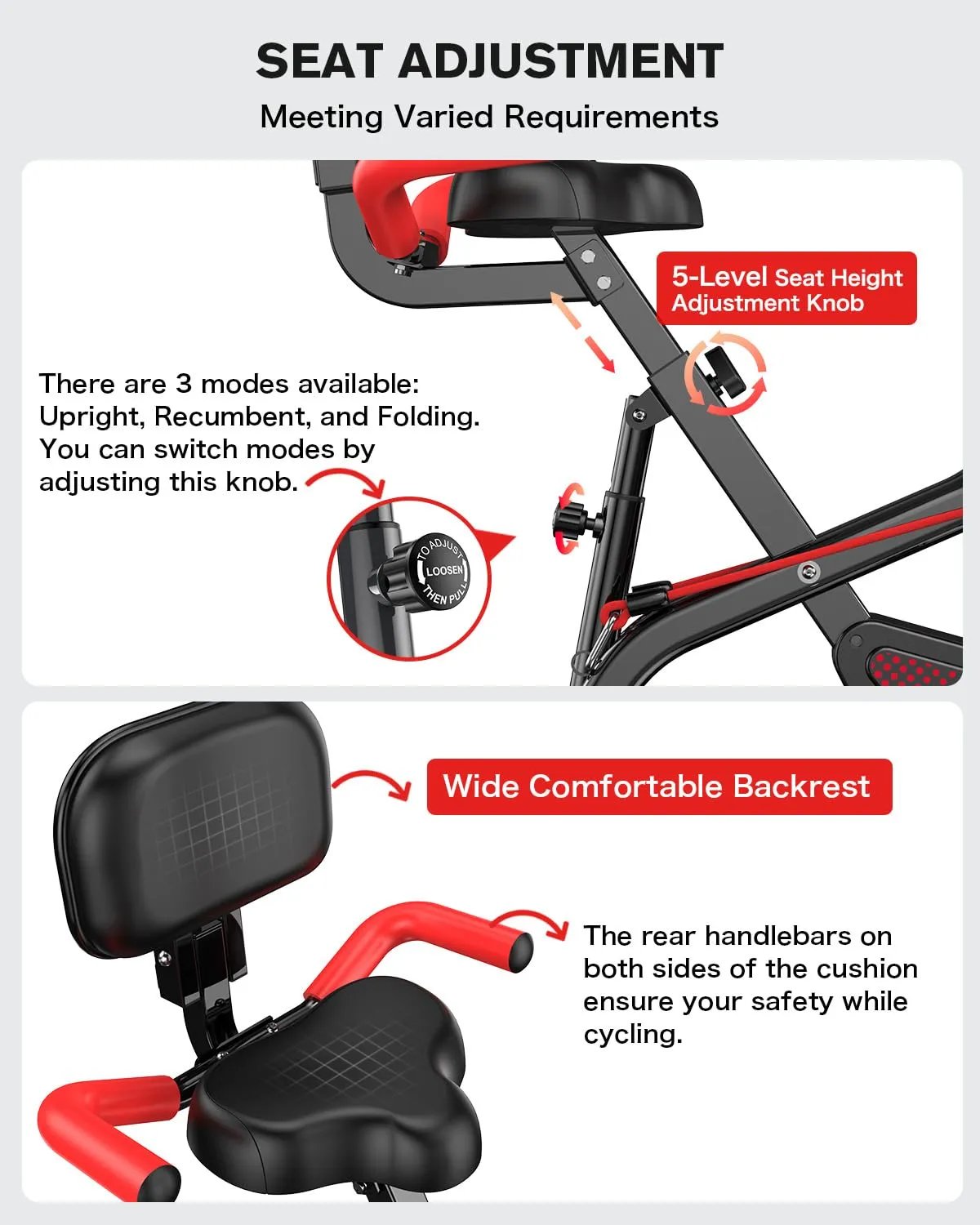 pooboo Folding Exercise Bike, Fitness Stationary Bike Machine, Upright Indoor Cycling Bike, 4 - in - 1 Magnetic X - Bike with 8 - Level Adjustable Resistance, Bottle Holder, Arm Resistance Bands, Pulse Sensor & Back Support Cushion for Home Gym Workout (red) - Semoor Make Me Fit