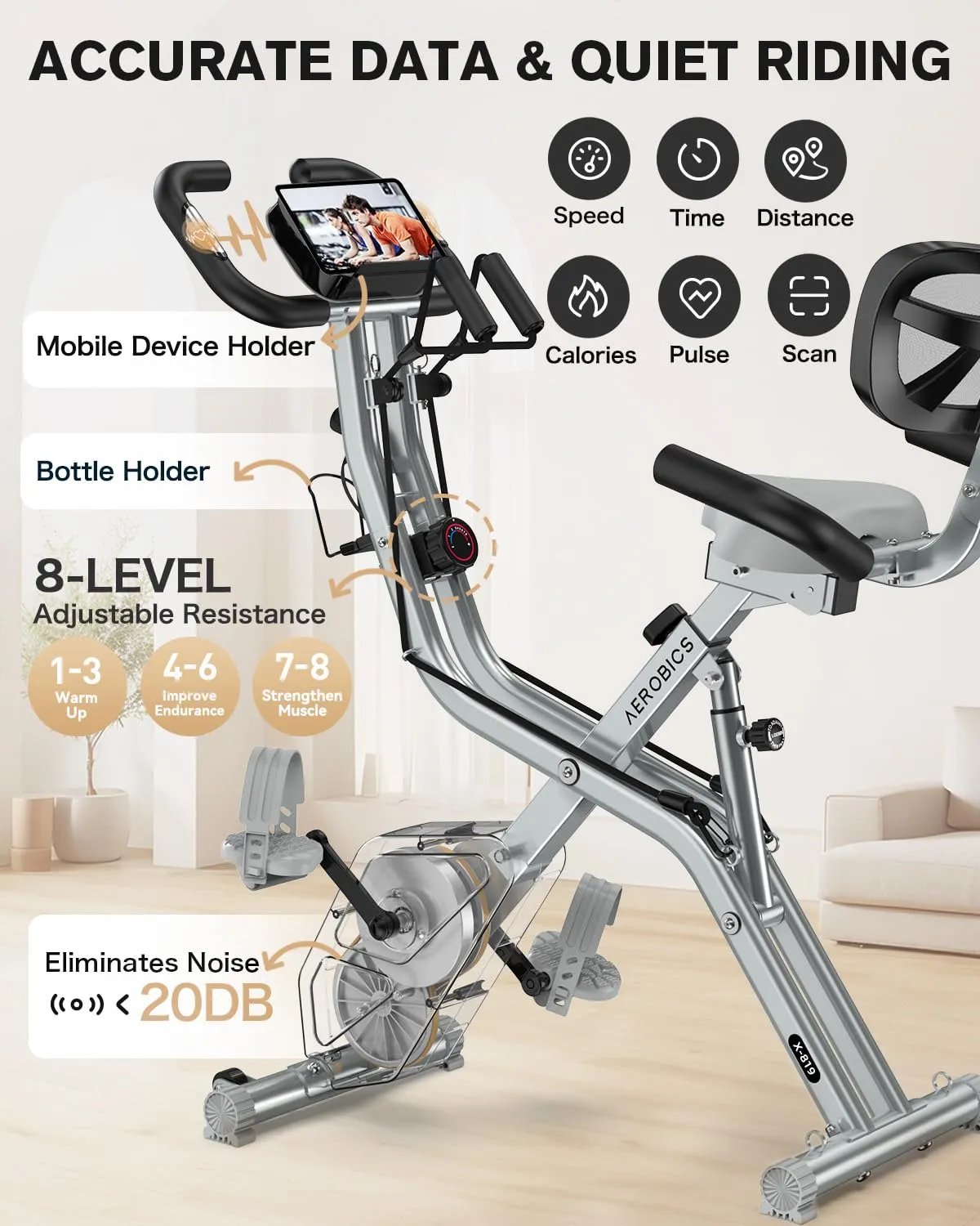 pooboo Folding Exercise Bike, Fitness Stationary Bike Machine, Upright Indoor Cycling Bike, 4 - in - 1 Magnetic X - Bike with 8 - Level Adjustable Resistance, Bottle Holder, Arm Resistance Bands, Pulse Sensor & Back Support Cushion for Home Gym Workout (red) - Semoor Make Me Fit