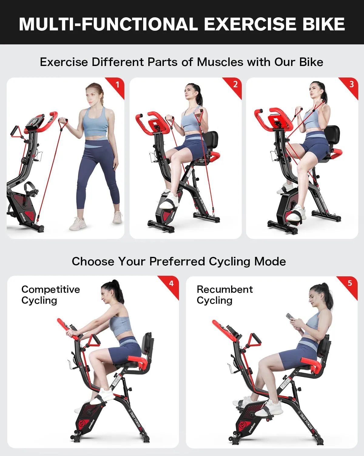 pooboo Folding Exercise Bike, Fitness Stationary Bike Machine, Upright Indoor Cycling Bike, 4 - in - 1 Magnetic X - Bike with 8 - Level Adjustable Resistance, Bottle Holder, Arm Resistance Bands, Pulse Sensor & Back Support Cushion for Home Gym Workout (red) - Semoor Make Me Fit