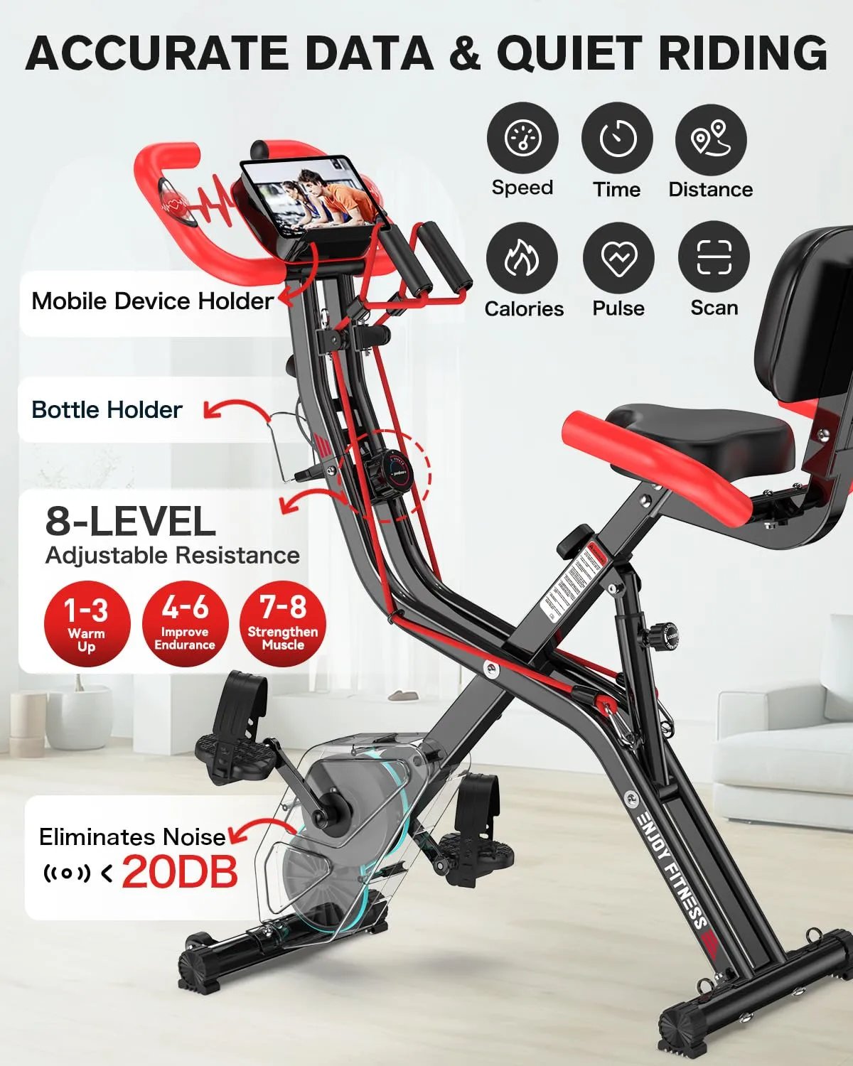 pooboo Folding Exercise Bike, Fitness Stationary Bike Machine, Upright Indoor Cycling Bike, 4 - in - 1 Magnetic X - Bike with 8 - Level Adjustable Resistance, Bottle Holder, Arm Resistance Bands, Pulse Sensor & Back Support Cushion for Home Gym Workout (red) - Semoor Make Me Fit