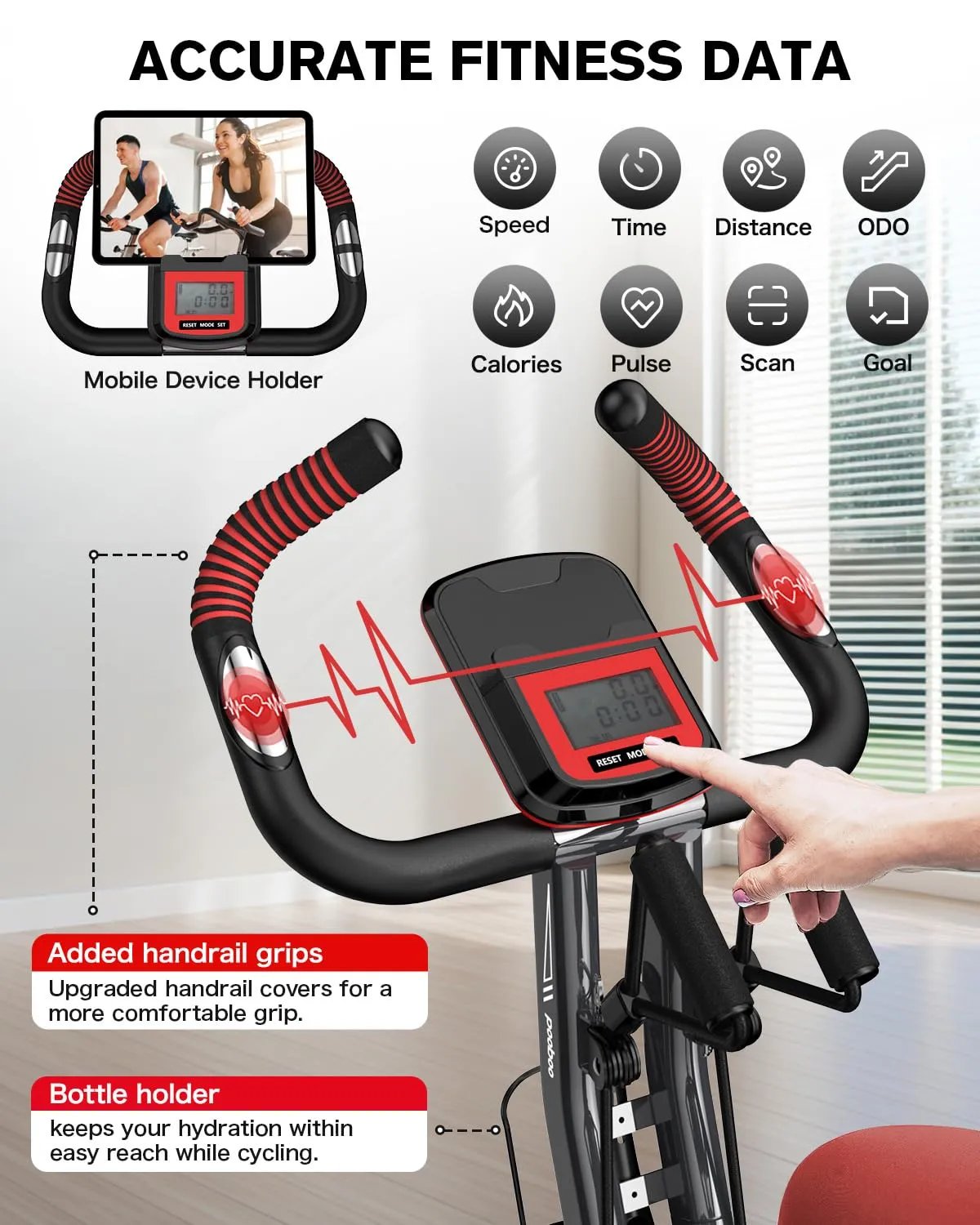 pooboo Folding Exercise Bike, Fitness Stationary Bike Machine, Upright Indoor Cycling Bike, 4 - in - 1 Magnetic X - Bike with 8 - Level Adjustable Resistance, Bottle Holder, Arm Resistance Bands, Pulse Sensor & Back Support Cushion for Home Gym Workout (red) - Semoor Make Me Fit