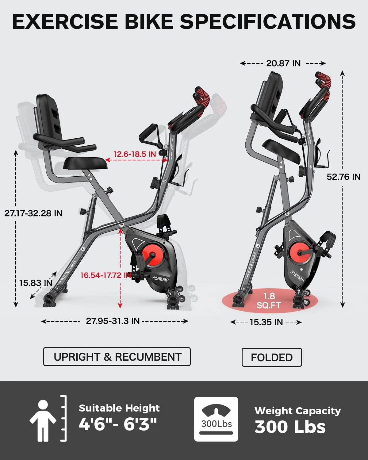 pooboo Folding Exercise Bike, Fitness Stationary Bike Machine, Upright Indoor Cycling Bike, 4 - in - 1 Magnetic X - Bike with 8 - Level Adjustable Resistance, Bottle Holder, Arm Resistance Bands, Pulse Sensor & Back Support Cushion for Home Gym Workout (red) - Semoor Make Me Fit