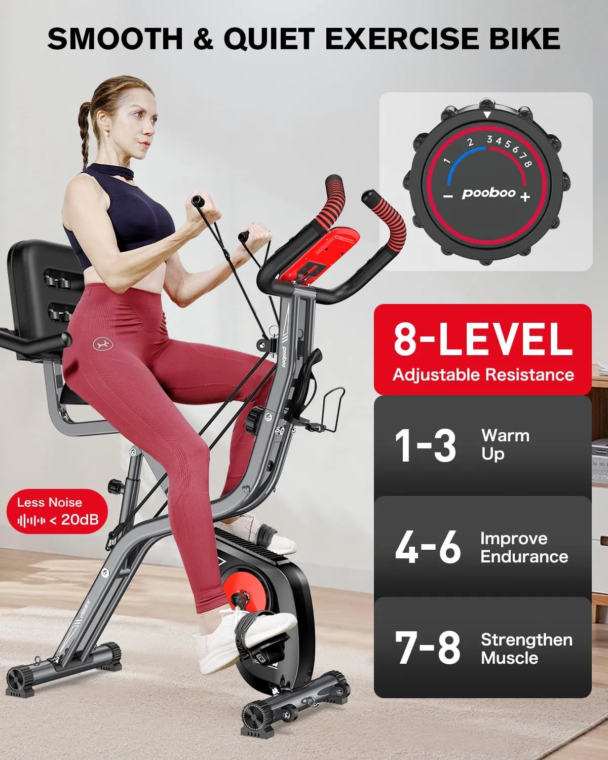 pooboo Folding Exercise Bike, Fitness Stationary Bike Machine, Upright Indoor Cycling Bike, 4 - in - 1 Magnetic X - Bike with 8 - Level Adjustable Resistance, Bottle Holder, Arm Resistance Bands, Pulse Sensor & Back Support Cushion for Home Gym Workout (red) - Semoor Make Me Fit