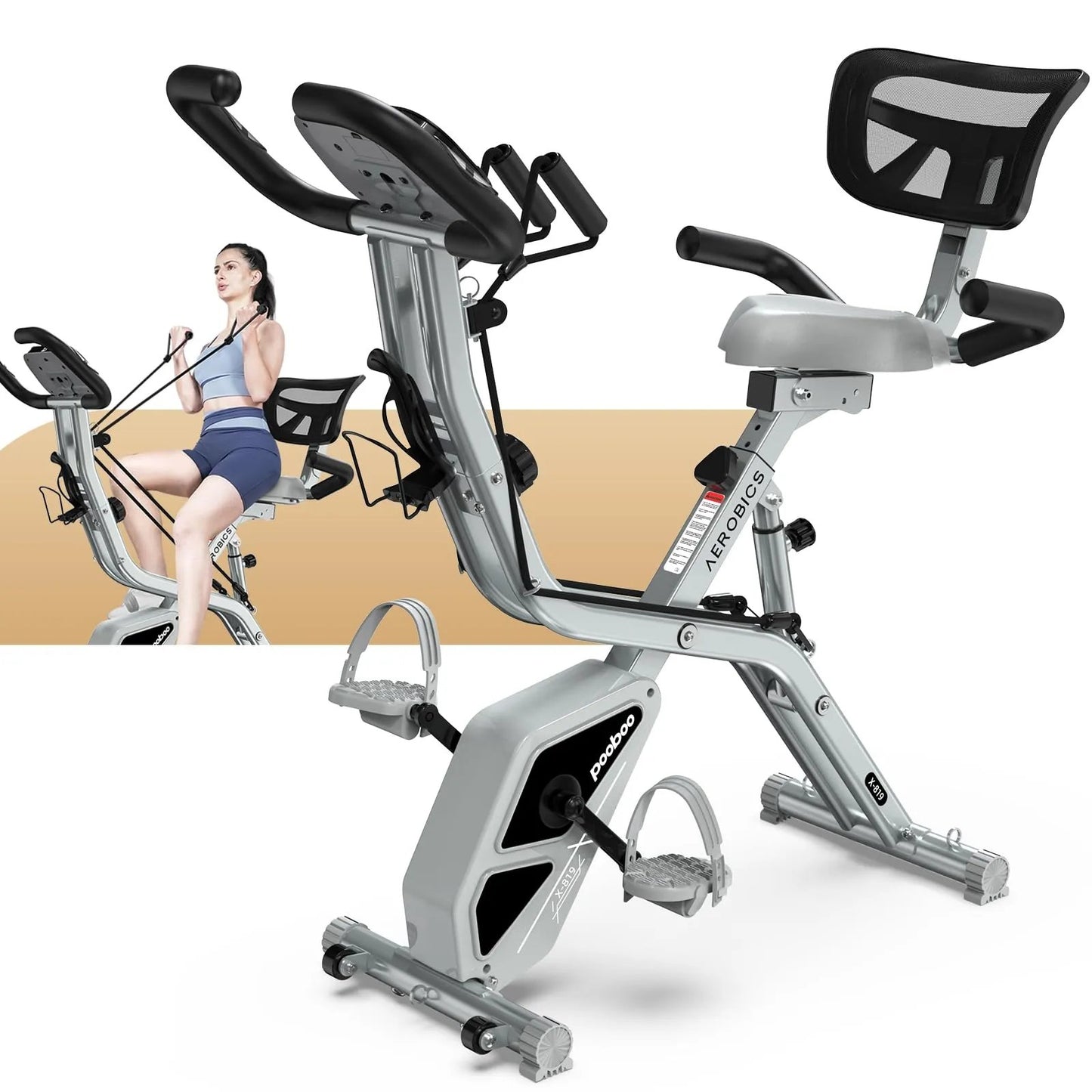 pooboo Folding Exercise Bike, Fitness Stationary Bike Machine, Upright Indoor Cycling Bike, 4 - in - 1 Magnetic X - Bike with 8 - Level Adjustable Resistance, Bottle Holder, Arm Resistance Bands, Pulse Sensor & Back Support Cushion for Home Gym Workout (red) - Semoor Make Me Fit