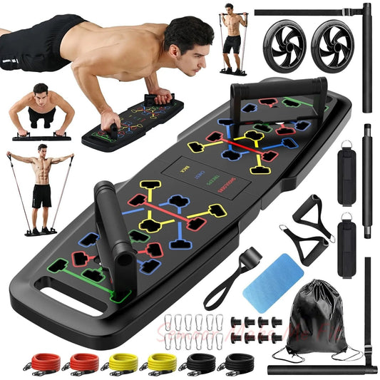 Push Up Board,Home Gym,Portable Exercise Equipment,Pilates Bar and 20 Fitness Accessories with Resistance Bands and Ab Roller Wheel,Full Body Workout at Home - Semoor Make Me Fit